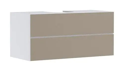 Waschtischunterschrank in Mattweiß mit zwei Schubkästen, gefertigt von Hansgrohe, für die Installation mit einem Aufsatzwaschtisch.